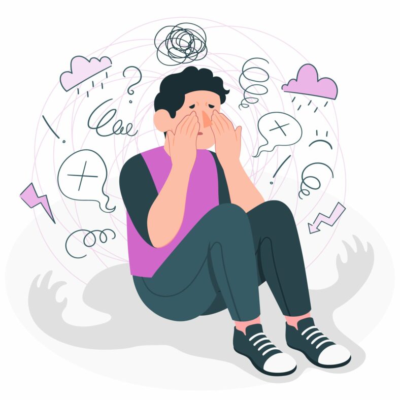 Panik.jpg Eine Person sitzt mit gesenktem Kopf und Händen im Gesicht, umgeben von wirren Gedanken und Symbolen von Stress.