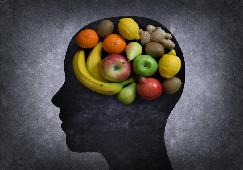 brainfood.jpg Silhouette eines Kopfes, gefüllt mit verschiedenen Früchten wie Äpfeln, Bananen, Orangen und Zitrusfrüchten auf dunklem Hintergrund.