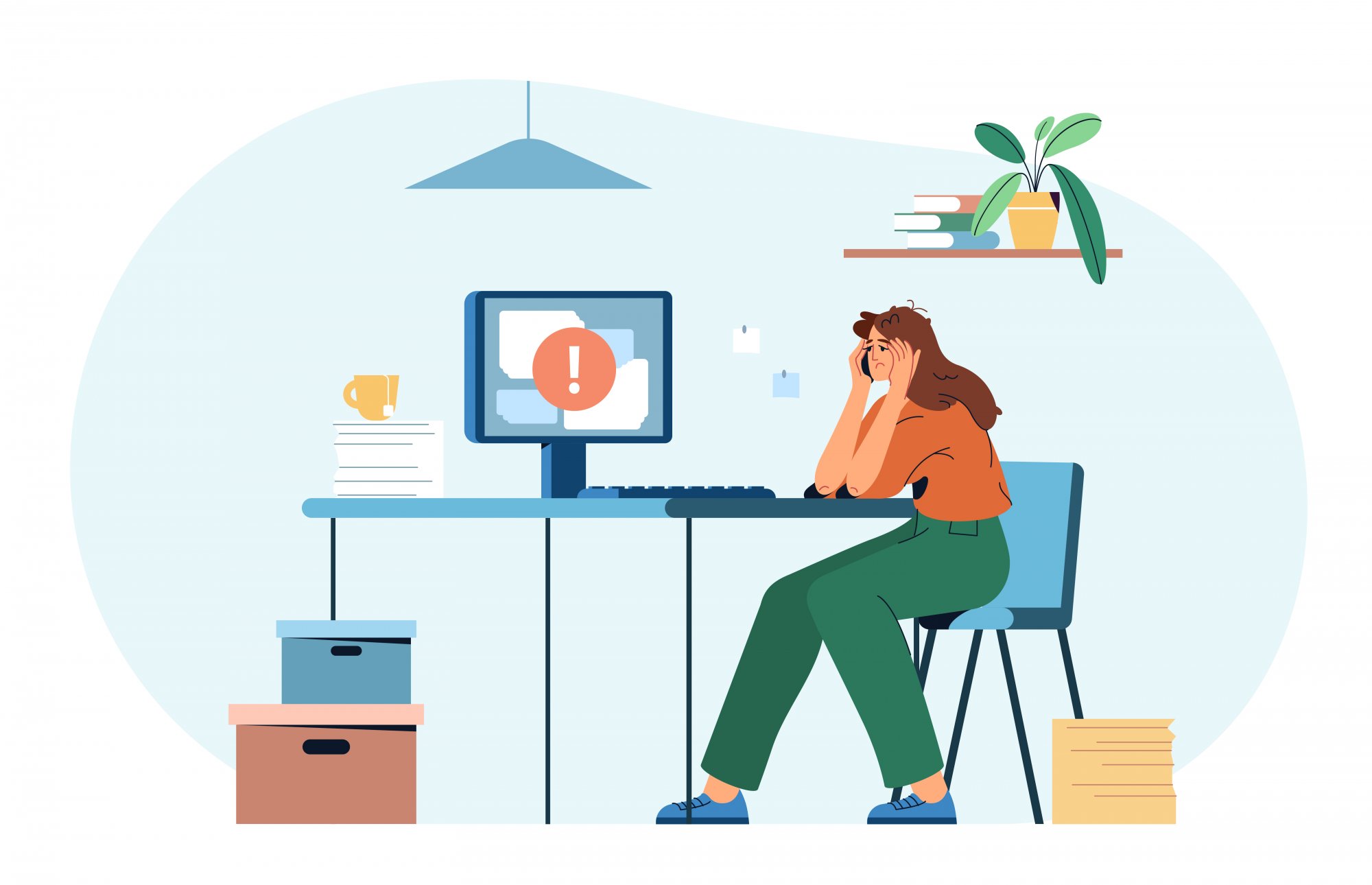 burn-out.jpg Eine gestresste Frau sitzt an einem Schreibtisch mit einem Computer, der eine Fehlermeldung anzeigt, umgeben von Unterlagen und Pflanzen.