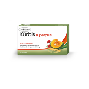 Verpackung des Produkts "Dr. Böhm Kürbis superplus" mit Fokus auf Blase, Prostata und männliche Gesundheit.