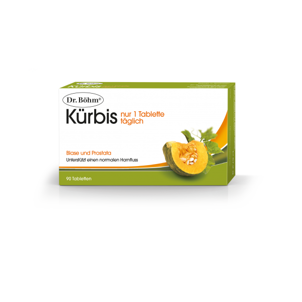 Verpackung von Dr. Böhm Kürbis Tabletten für Blase und Prostata, mit abgebildetem Kürbisstück.