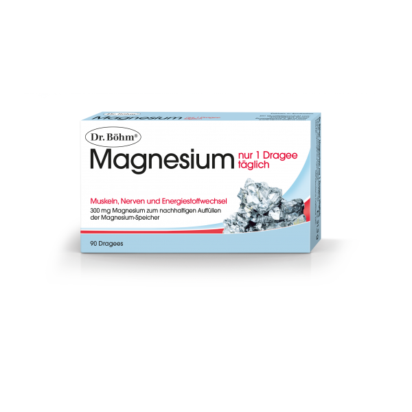 Verpackung von Dr. Böhm Magnesium mit Hinweis auf Muskel- und Nervengesundheit sowie täglicher Einnahmeempfehlung.