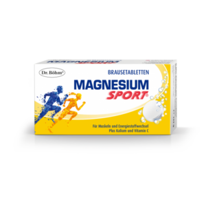 Verpackung von Dr. Böhm Magnesium Sport Brausetabletten für Muskeln und Energiestoffwechsel, mit Sportmotiven.