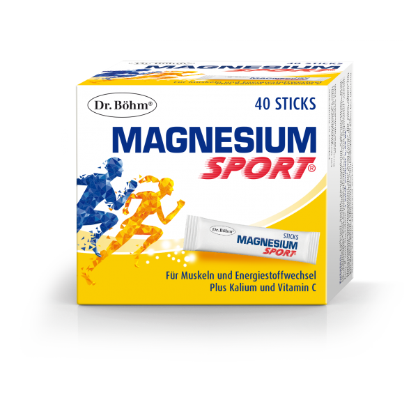 Verpackung von Dr. Böhm Magnesium Sport in einer gelben Box mit 40 Sticks, abgebildet mit sportlichen Figuren.