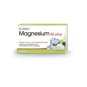 Packung mit Dr. Böhm Magnesium 50 plus, enthält Knoblauch und ist für die Bedürfnisse ab 50 Jahren konzipiert.
