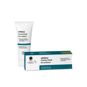 Tube und Verpackung von Arnika Creme Forte, Bio-zertifiziert, zur Linderung von Muskel- und Gelenkbeschwerden.