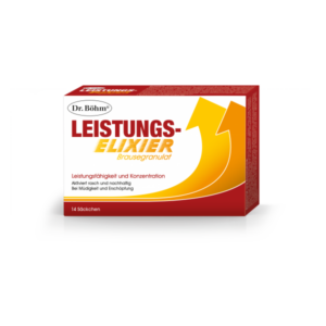 Verpackung von Dr. Böhm Leistungs-Elixier, einem Brausegranulat zur Steigerung von Leistungsfähigkeit und Konzentration.