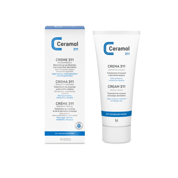 Tube und Verpackung der Ceramol 311 Creme für die Behandlung von Ekzemen und atopischer Dermatitis.