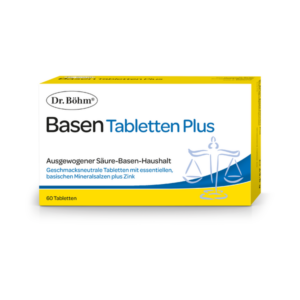 Packung mit Basen Tabletten Plus von Dr. Böhm für ausgewogenen Säure-Basen-Haushalt, 60 Tabletten enthalten.