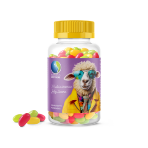 Glasgefäß mit bunten Multivitamin-Gummibärchen, gekennzeichnet mit einem Schaf in Sonnenbrille.