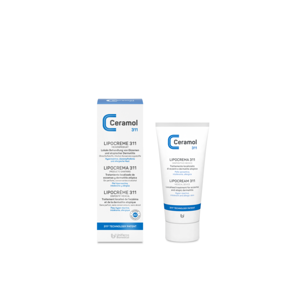 Tube und Verpackung von Ceramol 311 Lipocreme, medizinisches Produkt gegen Ekzeme und atopische Dermatitis.