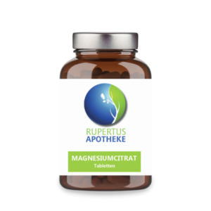 Braune Glasflasche mit Silberverschluss, beschriftet mit Magnesiumcitrat und dem Logo der Rupertus Apotheke.
