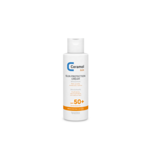 Sonnencreme in weißer Flasche mit Schraubverschluss, SPF 50+, für empfindliche Haut, duftstofffrei.