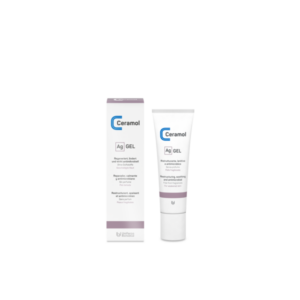 Tube und Verpackung des Ceramol Ag GEL, ein regenerierendes und antimirkrobielles Gel für geschädigte Haut.