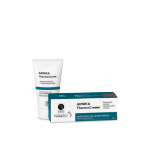 Eine Tube und eine Verpackung der ARNIKA ThermoCreme mit Bergarnika- und Teufelskralle-Extrakt.