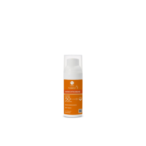 Hautpflegeprodukt in einer weißen Flasche mit orangefarbener Etikettierung für getönte Gesichtscreme, LSF 50+.