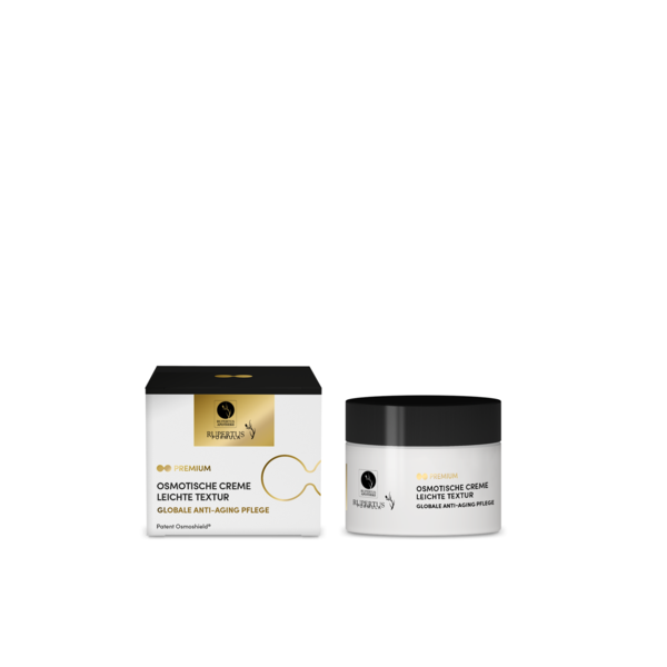 Osmotische_Creme_leicht_FPCVOF32T_2025.png Osmotische Creme in einem runden Behälter mit einer schwarzen Kappe, begleitet von einer dekorativen Verpackung.