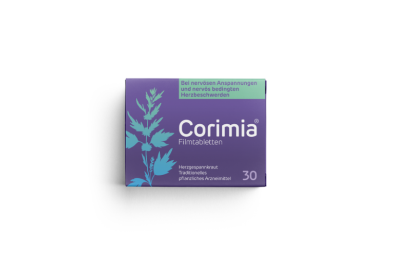 Verpackung von Corimia Filmtabletten mit pflanzlichem Arzneimittel für nervöse Spannungen und Herzbeschwerden.