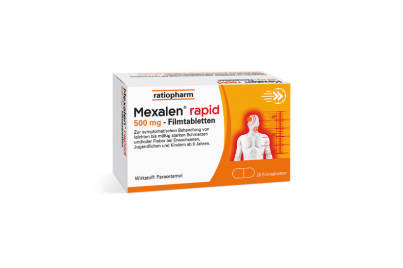 Packung Mexalen rapid 500 mg Filmtabletten zur Behandlung von Schmerzen und Fieber, mit orangefarbenem Design.