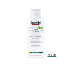 Eucerin Dermo Capillaire Anti-Schuppen Creme Shampoo in einer weißen Flasche mit grünem Deckel, 250 ml.