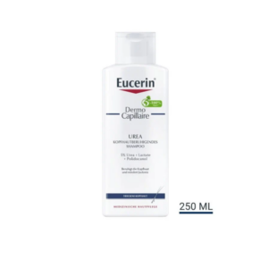 Weißer Shampoo-Flasche mit rot-blauer Beschriftung, enthält 5% Urea und ist für trockene Kopfhaut.