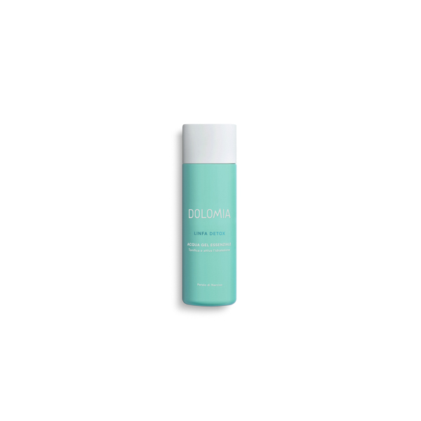 Dolomia-linfa-detox-pflegende-essenz-lotion-FDLZGD621_1.png Flasche mit aqua-farbenem Gel, beschriftet mit "DOLIMIA LINFA DETOX" zur Hautpflege.