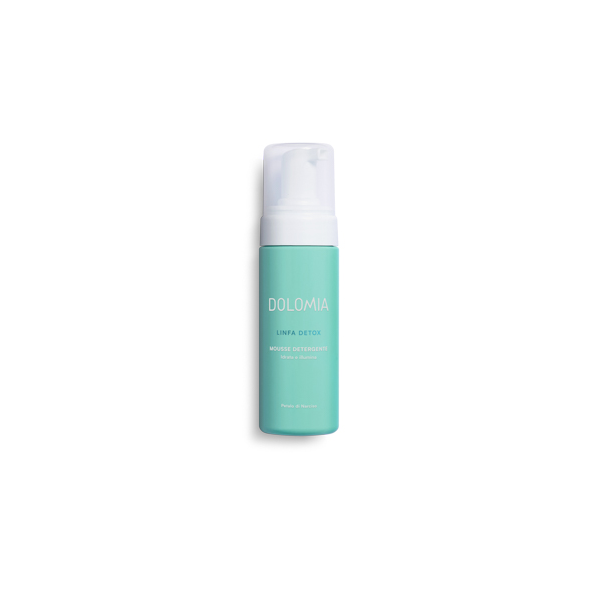 Dolomia-Linfa-Detox-Reinigungsschaum.png Flasche mit blauer Mousse Detergente von Dolomia für Hautreinigung, mit Pumpspender.