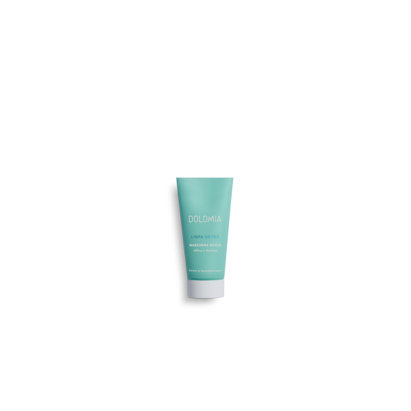 Dolomia-linfa-detox-peeling-gesichtsmaske.png Türkise Tube mit der Aufschrift 'DOLOMIA LINFA DETOX MASCHERA SCRUB', die auf Peeling und Aufhellung hinweist.