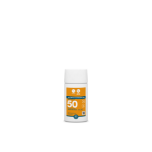 Weiße Flasche mit orangefarbenem Etikett, das getöntes Sonnenfluid LSF 50 ankündigt und wasserfest ist.