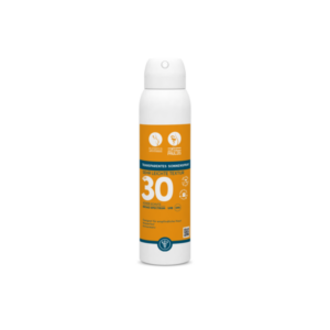 Transparenter Sonnenspray mit LSF 30 in einer weißen Sprühflasche, gekennzeichnet mit informationellen Symbolen und Text.