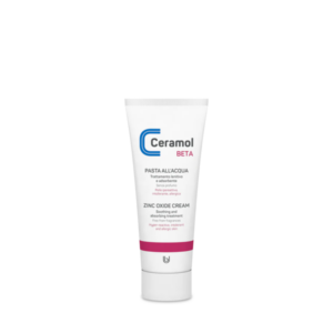 Zinkoxidcreme in einer weißen Tube mit blauer und roter Beschriftung, für empfindliche Haut geeignet.