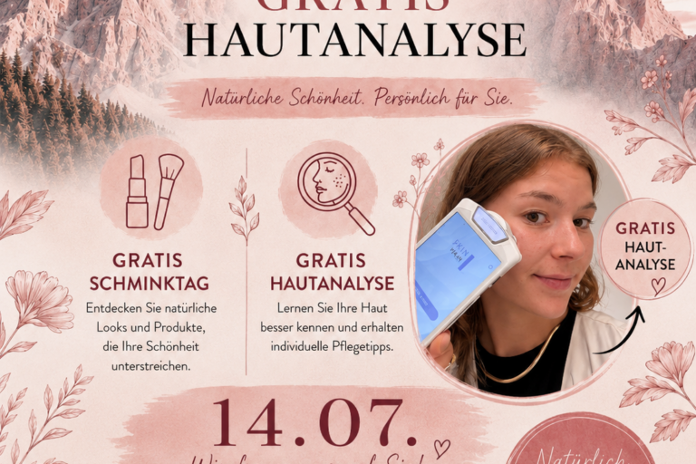 Werbung für einen Schminktag und kostenlose Hautanalyse mit Blumenmotiven und einem lächelnden Mädchen, das ein Gerät hält.