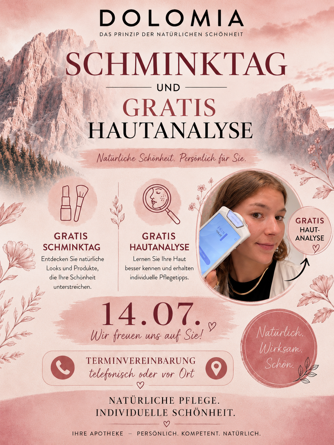 Werbung für einen Schminktag und kostenlose Hautanalyse mit Blumenmotiven und einem lächelnden Mädchen, das ein Gerät hält.