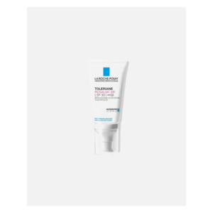 Gesichtspflegecreme in einer weißen Tube mit Pumpverschluss, mit LSF 30 und beruhigenden Eigenschaften.