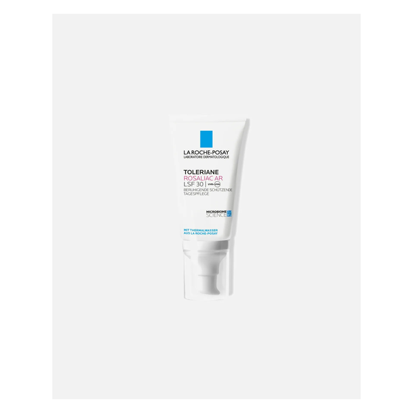 la-roche-toleriane-rosaliac-26.png Gesichtspflegecreme in einer weißen Tube mit Pumpverschluss, mit LSF 30 und beruhigenden Eigenschaften.