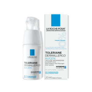 Augenpflege von La Roche-Posay in einem weißen Pumpflakon mit einem blauen Etikett, 20 ml, für empfindliche Haut.