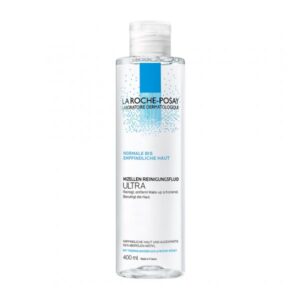 Transparente Flasche mit Mizellen-Reinigungsfluid für normale bis empfindliche Haut, 400 ml, von La Roche-Posay.