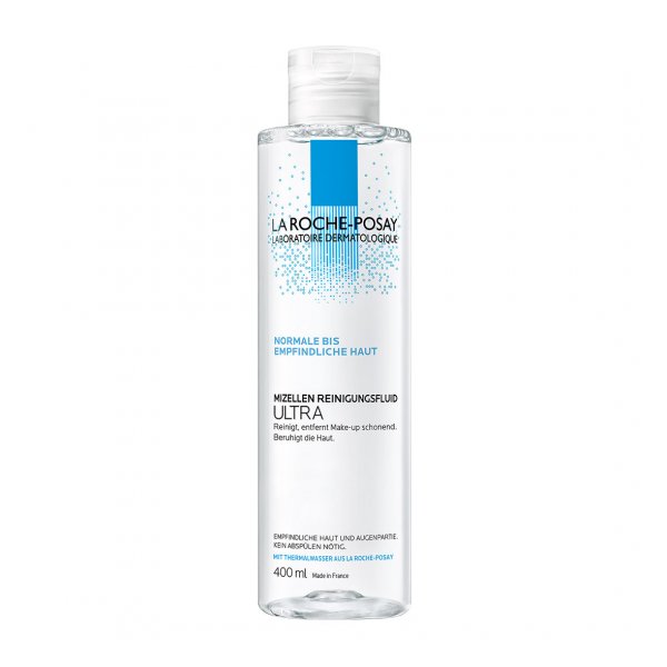 LA_ROCHE-POSAY_Mizellen_Reinigungsfluid_Ultra.jpg Transparente Flasche mit Mizellen-Reinigungsfluid für normale bis empfindliche Haut, 400 ml, von La Roche-Posay.