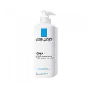 Weiße Flasche mit Pumpe der La Roche-Posay Lipikar Lotion, die für trockene Haut konzipiert ist.