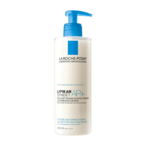 Eine Flasche der La Roche-Posay Lipikar Syndet AP+ Duschcreme mit Pumpverschluss, 400 ml, für trockene Haut.