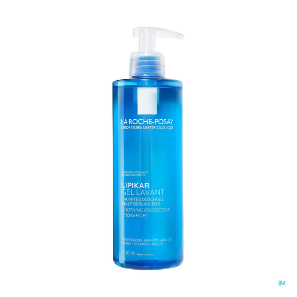 Blaues Pumpflasche mit Duschgel von La Roche-Posay, das sanft und hautberuhigend ist.