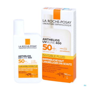 Sonnenschutzmittel von La Roche-Posay in einer weißen Flasche mit orangefarbenem Etikett, 50 ml, für empfindliche Haut.