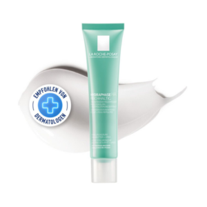 Hautcreme von La Roche-Posay in einer mintgrünen Tube mit dermatologischer Empfehlung und Creme auf einer weißen Fläche.