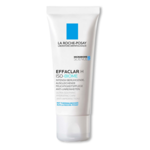 Weiße Tube mit Schraubverschluss von La Roche-Posay, Effaclar H ISO-BIOME Feuchtigkeitspflege, beruhigend und ausgleichend.
