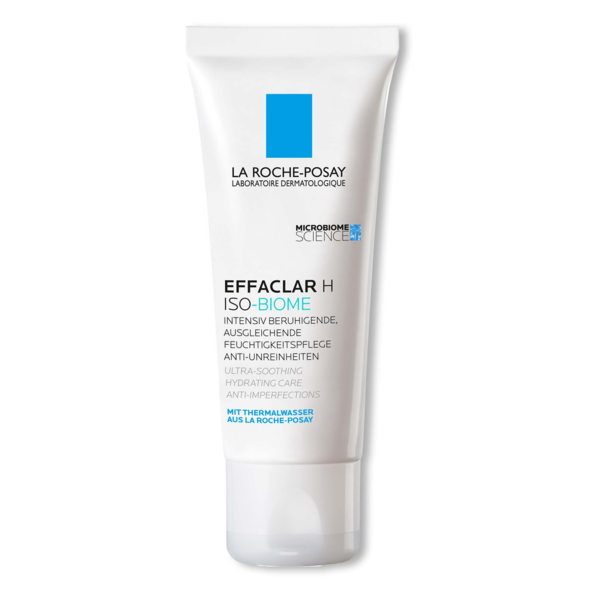 la-roche-effaclar-h-iso-biome-26.png Weiße Tube mit Schraubverschluss von La Roche-Posay, Effaclar H ISO-BIOME Feuchtigkeitspflege, beruhigend und ausgleichend.