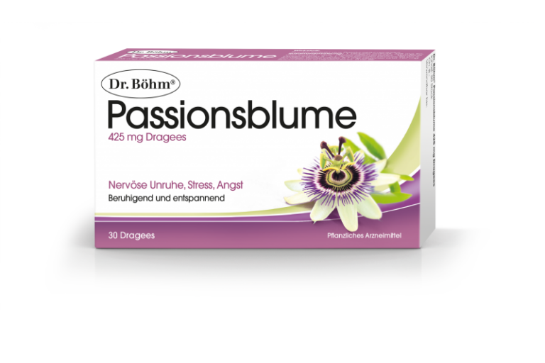 Packung mit Dr. Böhm Passionsblume Dragees, 425 mg für Stress und Nervosität, mit Blütenabbildung.