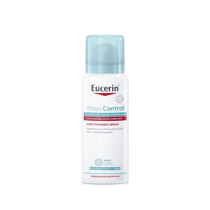 Eucerin AtopiControl Anti-Juckreiz-Spray in einer weißen Sprühflasche mit blauer Kappe, zur Pflege bei Neurodermitis.