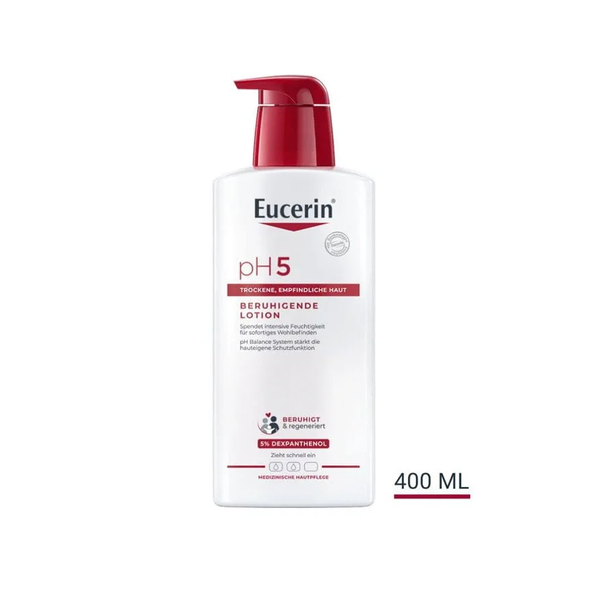 eucerin-ph5-lotion-400ml.png Flasche Eucerin pH 5 beruhigende Lotion für trockene Haut, 400 ml, mit Spender und roter Kappe, medizinische Hautpflege.