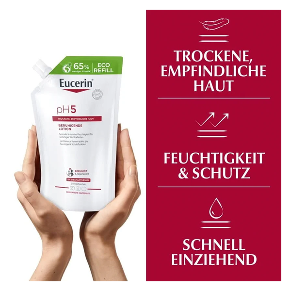 Hand hält einen apfelgrünen Nachfüllbehälter für Eucerin pH5 Beruhigende Lotion, der trockene und empfindliche Haut pflegt.