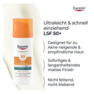 Eucerin Sonnencreme für das Gesicht, LSF 50+, ölfreie Formel, schnell einziehend, ideal für akneanfällige Haut.